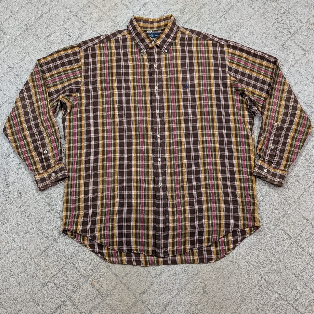 Polo Ralph Lauren Shirt Mens L Brown Yellow Plaid Blake Button Up Cotton